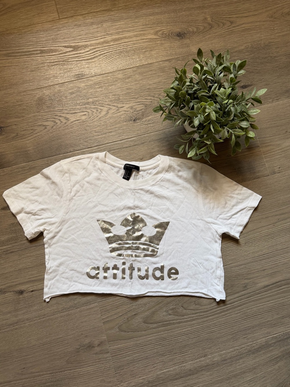 Forever 21 White Crop Top with Gold Metallic 'attitude' Logo